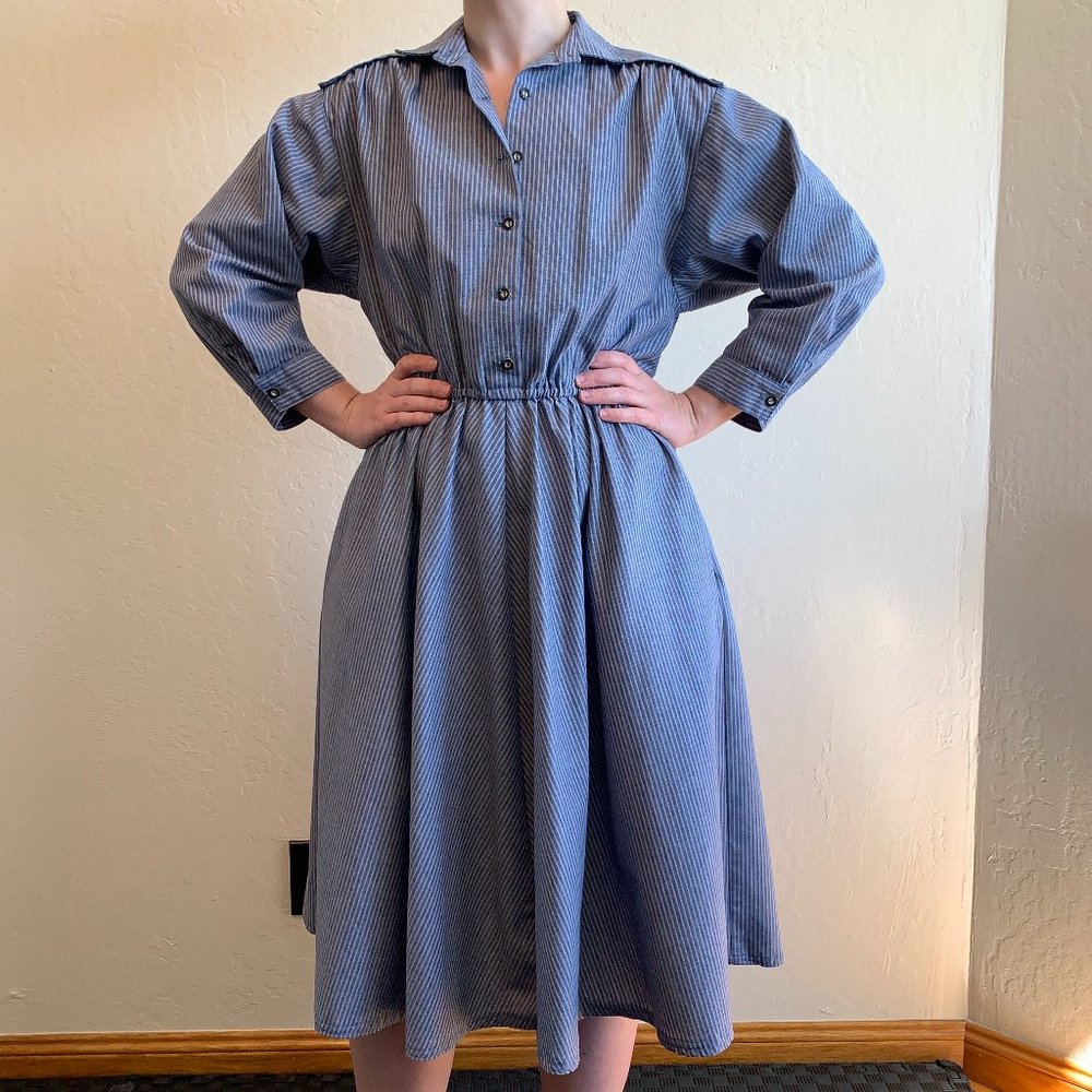 Railroad strip button down shirt dress with pockets and full circle skirt - Picture 2 of 8